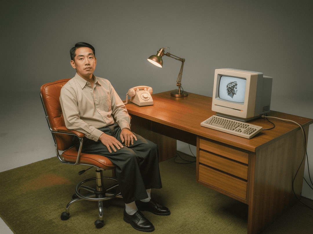 Thoughtful person at a retro office desk with a vintage computer