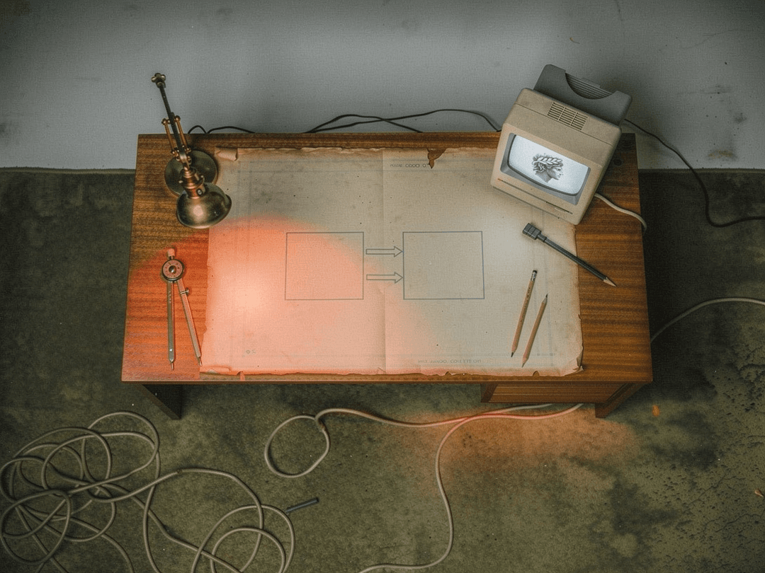 Vintage blueprint plan of the Humaner framework on a wooden desk