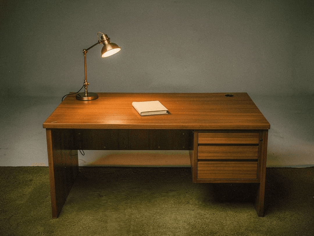 Empty retro office desk with a centered notebook and brass lamp