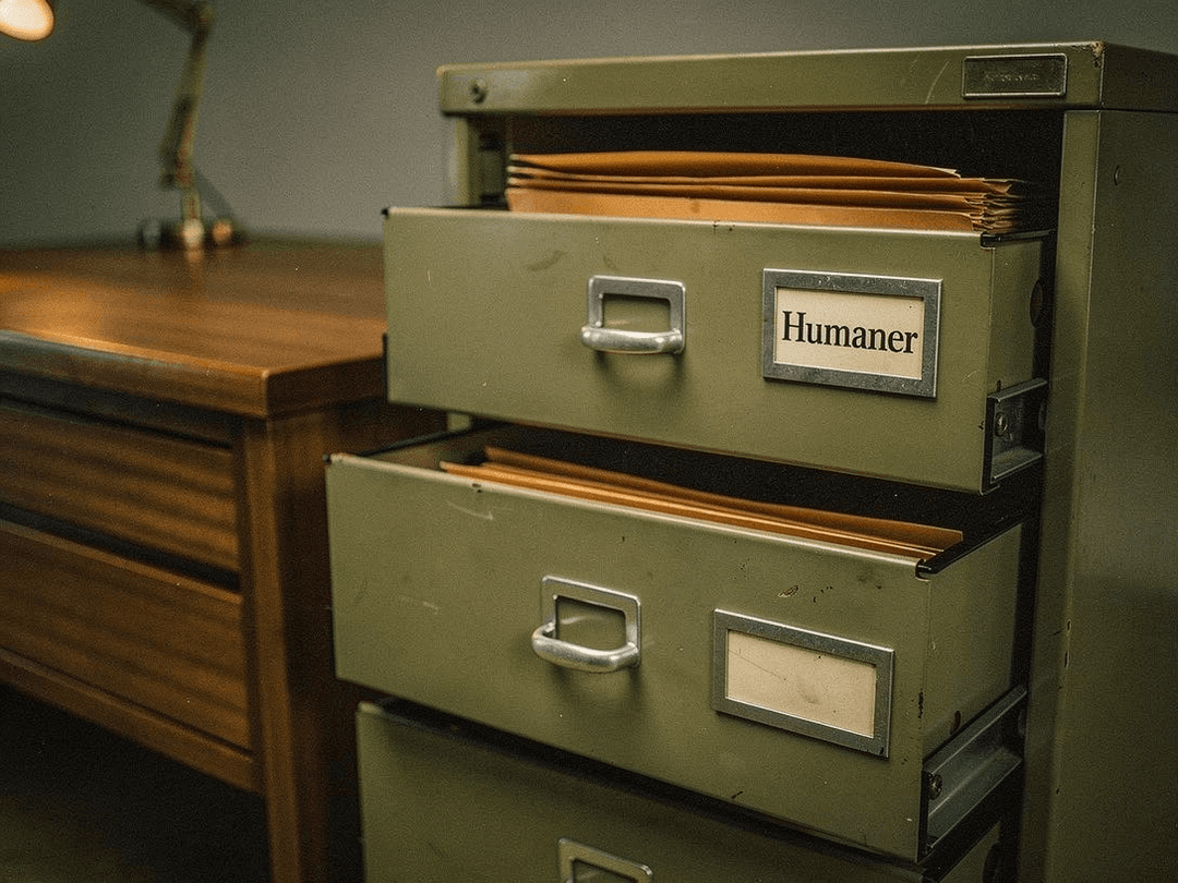 Vintage filing drawer labeled Humaner with organized folders